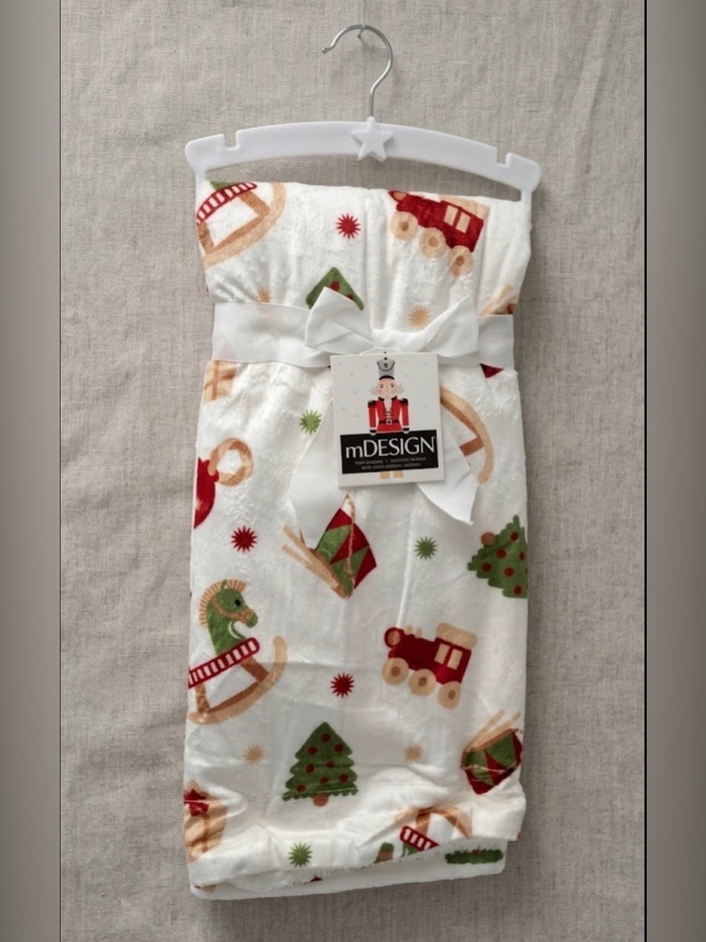 NWT mDESIGN Plush Christmas Toy Print Baby Blanket Rocking Horse Train 30” x 40”